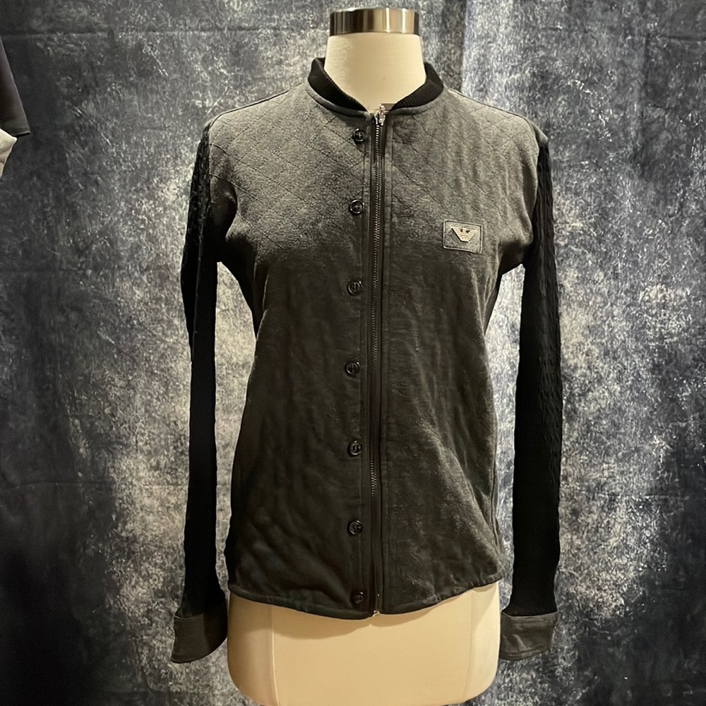 Giorgio Armani grey quilted jacket with black knit sleeves